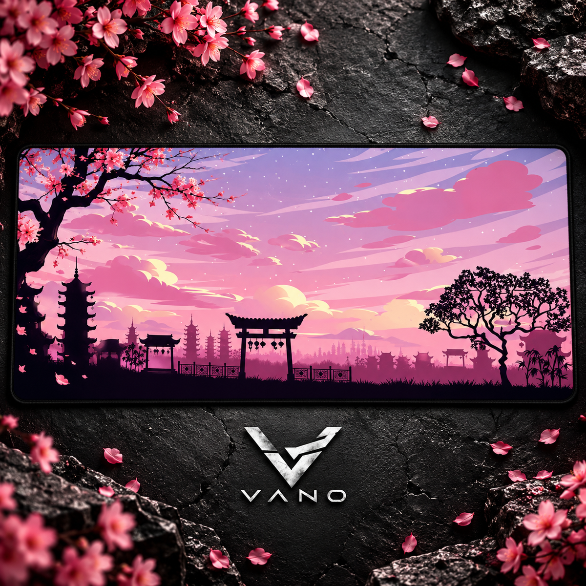 VANO Mauspad Pink Torii: Torii-Tor und Pagoden als Silhouette vor rosa Himmel