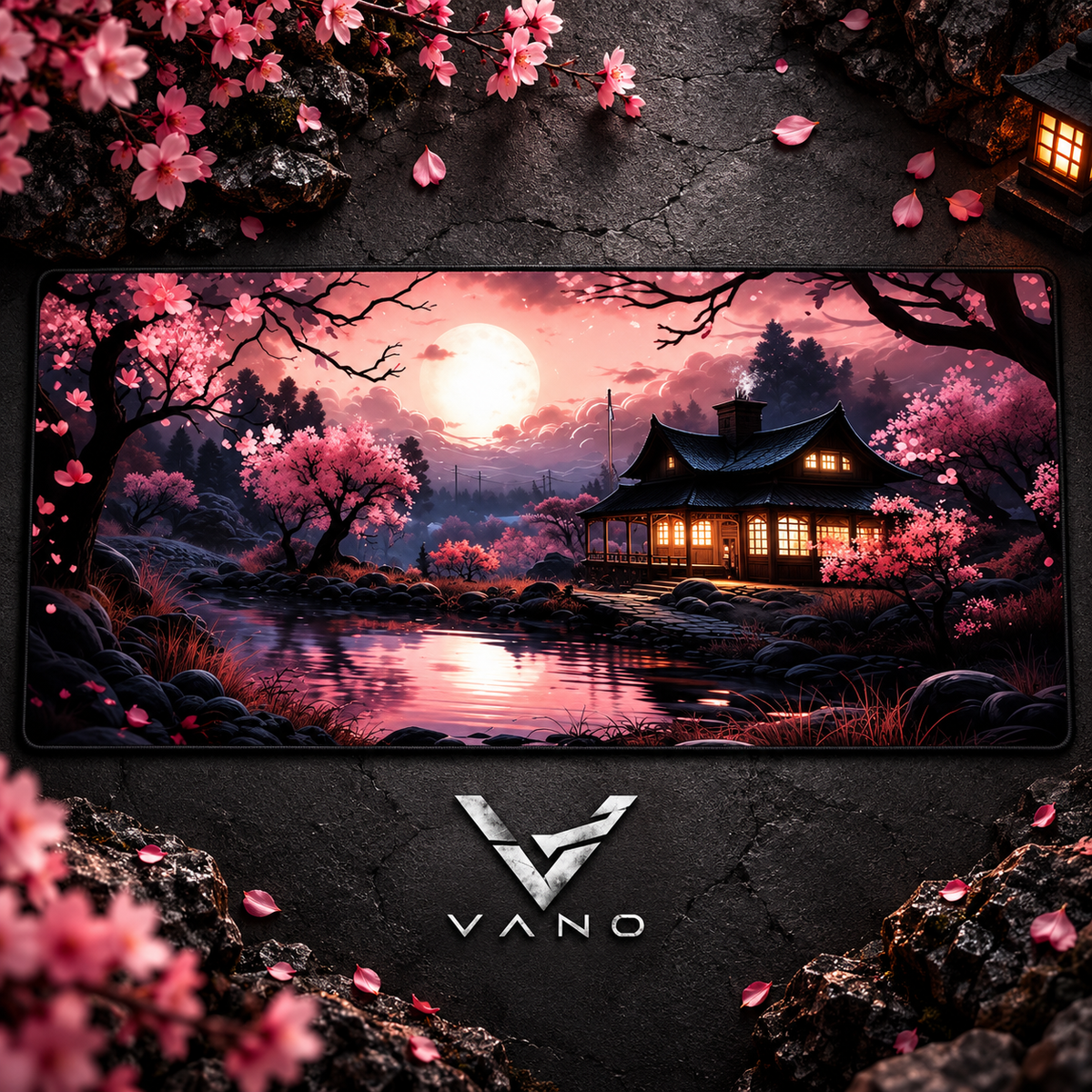 VANO Mauspad Sakura Lodge: Kirschblüten, leuchtendes Haus und Mond am See