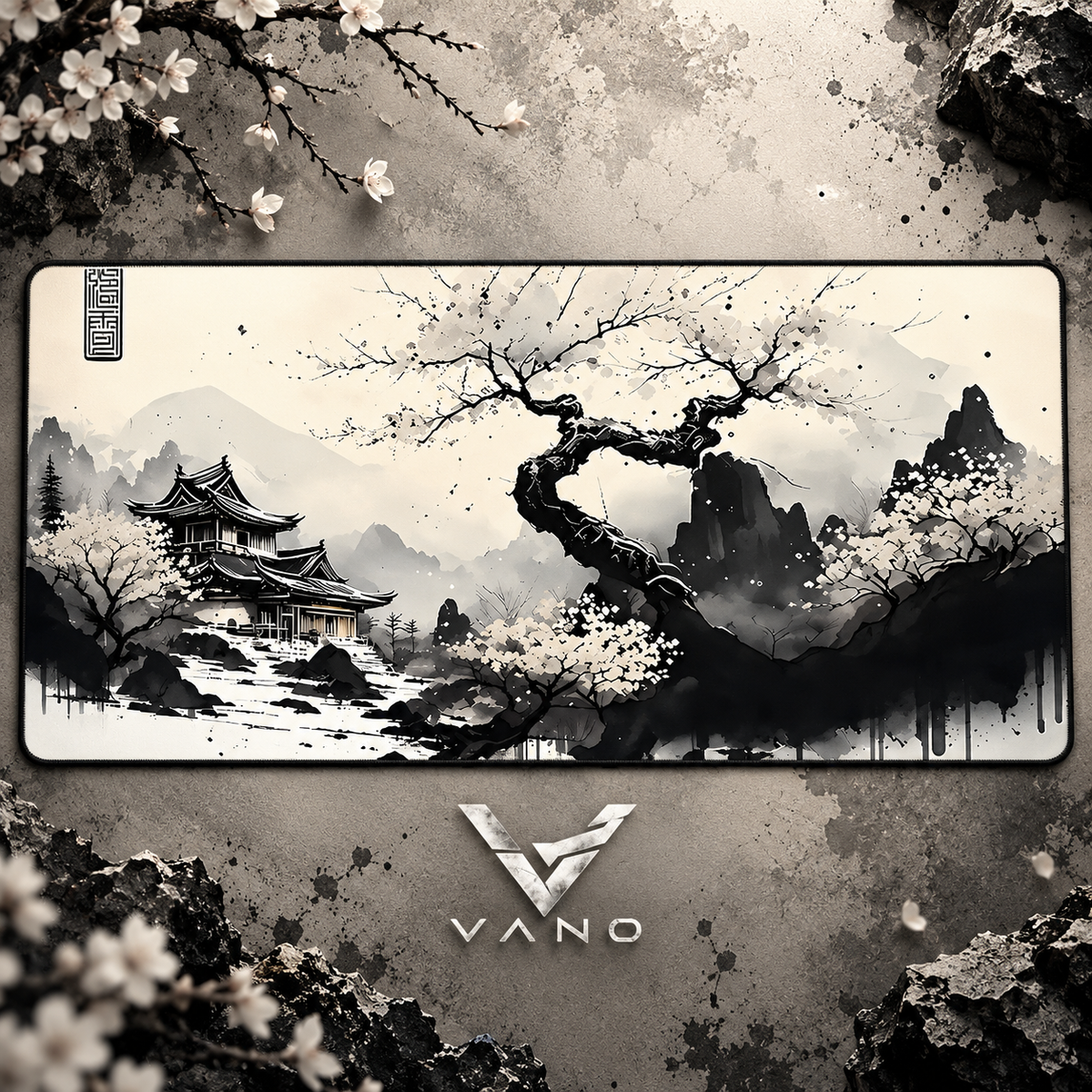 VANO Mauspad Ink Bonsai: helles Mauspad mit Bonsai-Baum im japanischen Tusche-Stil