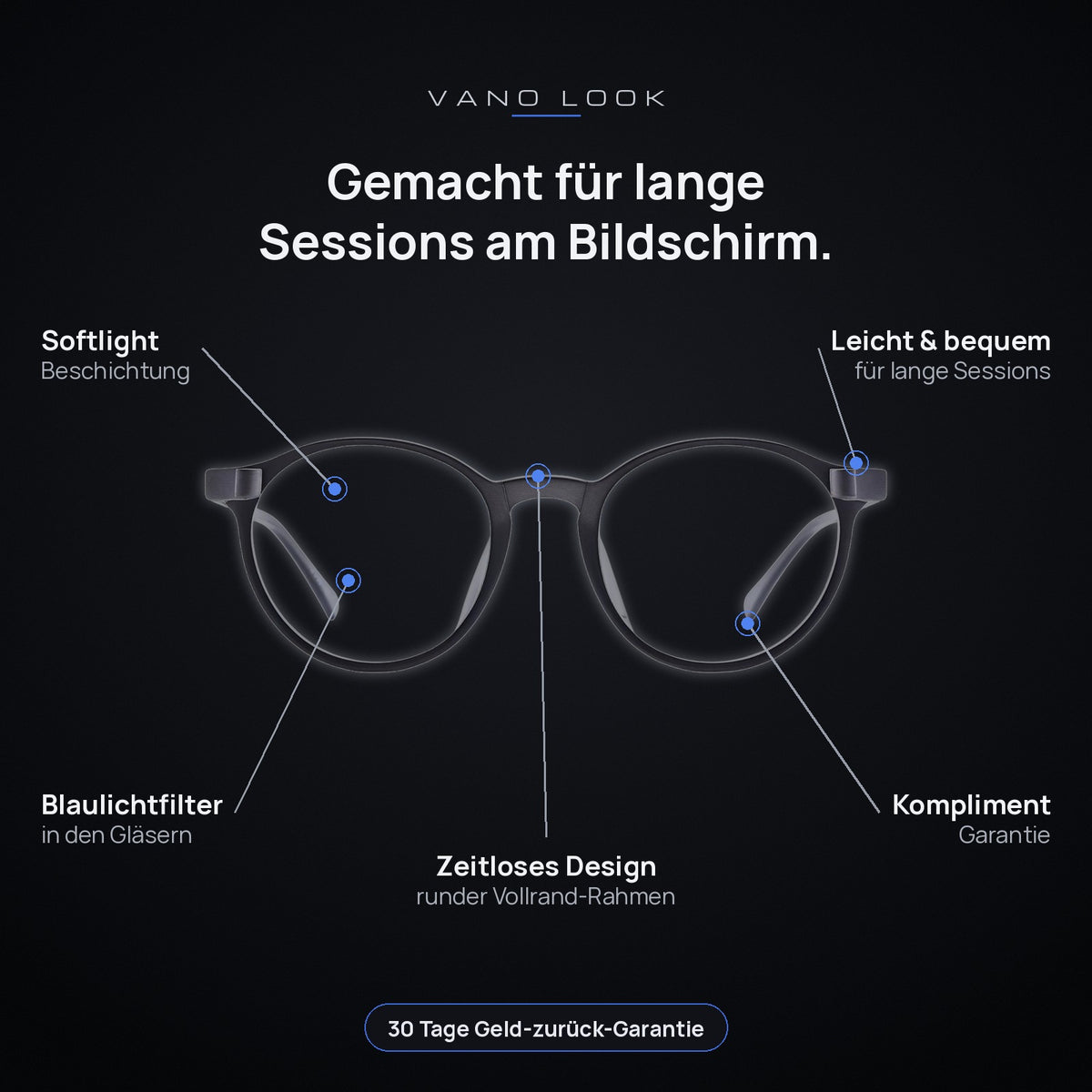 VANO Blaulichtfilterbrille LOOK: Softlight-Beschichtung, Blaulichtfilter in den Gläsern, leicht und bequem, runder Vollrand-Rahmen, 30 Tage Geld-zurück-Garantie