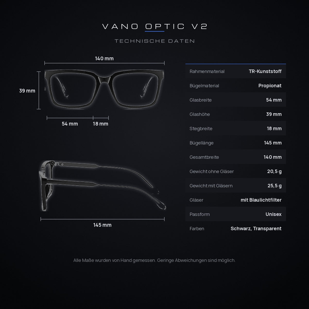 Technische Daten der VANO OPTIC V2: 140 mm Gesamtbreite, 54 mm Glasbreite, 39 mm Glashöhe, 18 mm Steg, 145 mm Bügel, 25,5 g