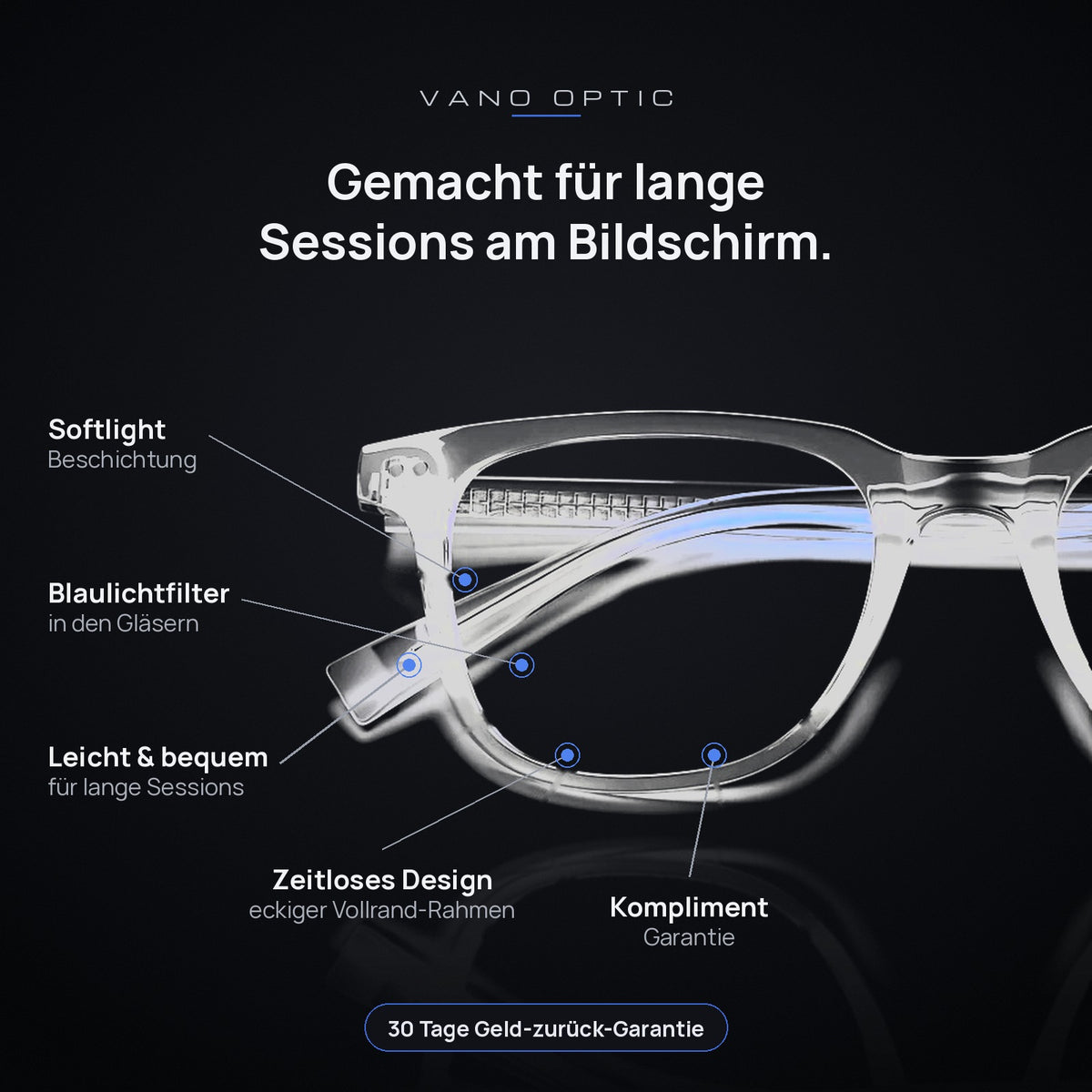 VANO Blaulichtfilterbrille OPTIC: Softlight-Beschichtung, Blaulichtfilter in den Gläsern, leicht und bequem, eckiger Vollrand-Rahmen, 30 Tage Geld-zurück-Garantie